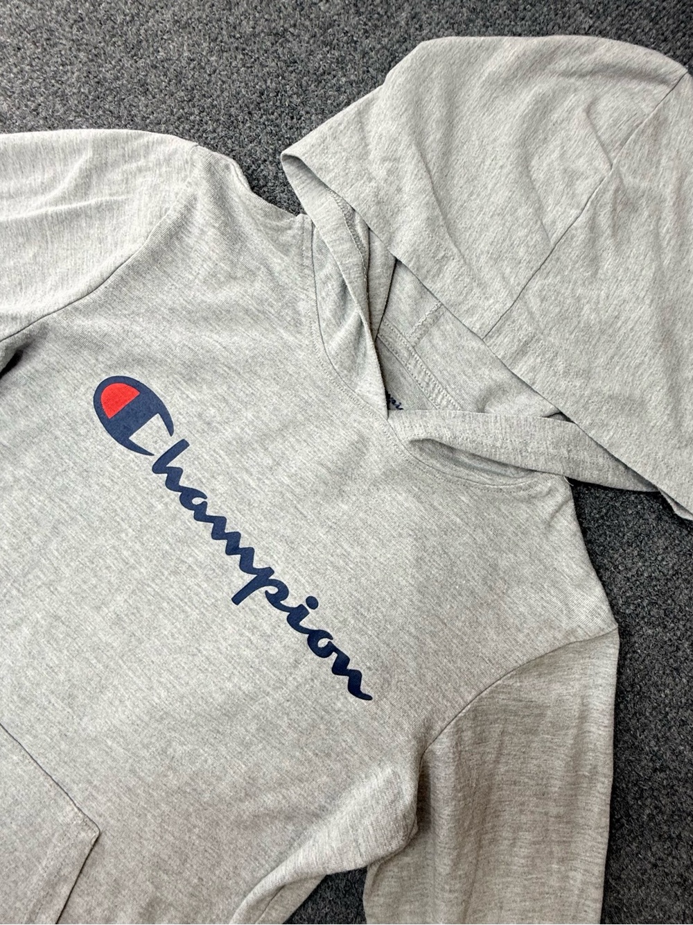 Champion Light Gray Hooded long sleeve t-shirt with Navy Script and Red Accent